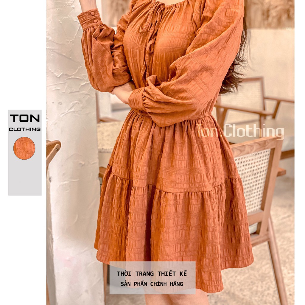 Đầm nữ phong cách Vintage Ton.Clothing đầm xòe vải xô nhún thiết kế tay dài BABI001