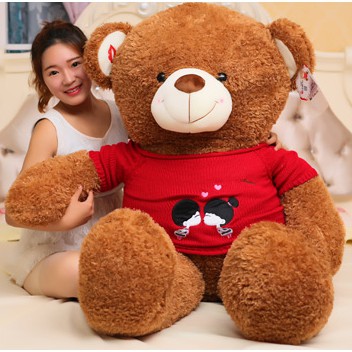 Gấu bông teddy mặc áo len Kiss me bằng bông cao cấp lông mềm mịn, màu nâu, kích thước 90cm-1m1-1m4