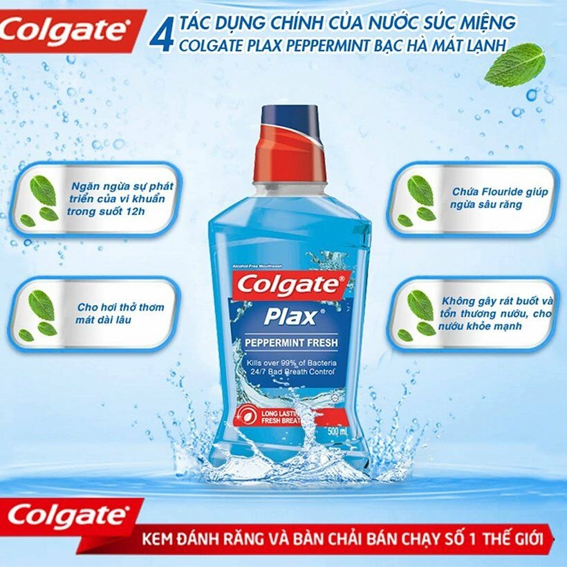 Nước xúc miệng Colgate Plax Bạc hà peppermint (Xanh dương) 500ml