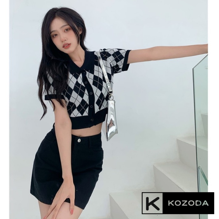 Áo Cardigan Dệt Kim Tay Ngắn Cổ Bẻ Kẻ Sọc Phong Cách Hàn Quốc hai màu nâu đen Cho Phụ Nữ Kozoda M59