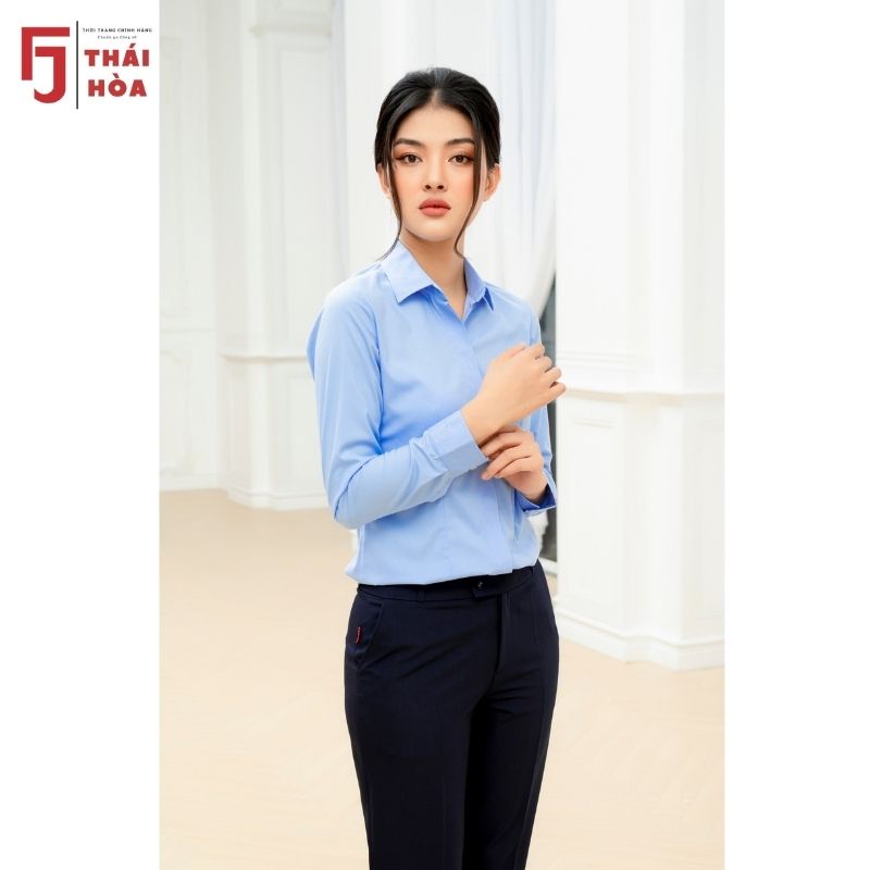 Áo sơ mi nữ công sở cao cấp kiểu dài tay sợi tre đẹp nút ẩn Thái Hòa 772-19-02