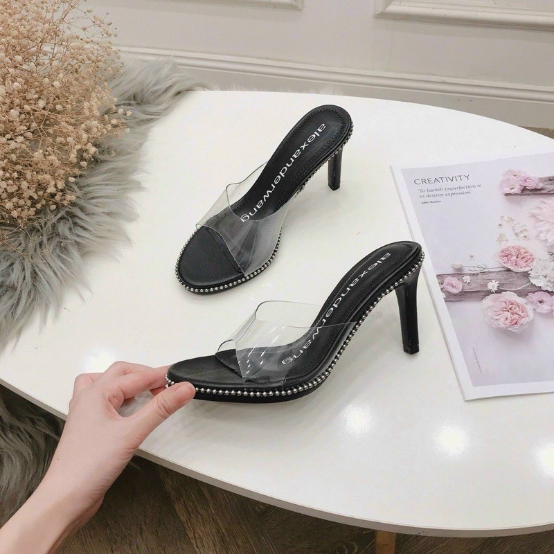 Guốc mica viền bi lót chữ WA gót nhọn 8p (hàng đẹp)