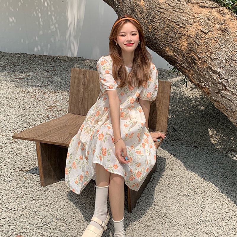 Đầm Hoa Tay Ngắn Phối Dây Rút Phong Cách Hàn Quốc Thời Trang
