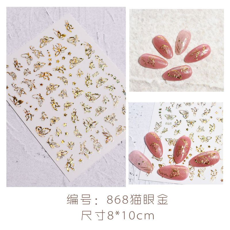 Miếng sticker trang trí móng tay nghệ thuật 3D màu vàng/ bạc họa tiết mắt mèo