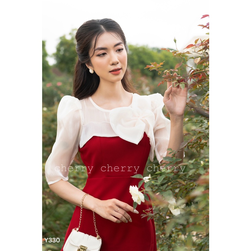Váy cổ thắt nơ tay bồng dáng xòe Y330