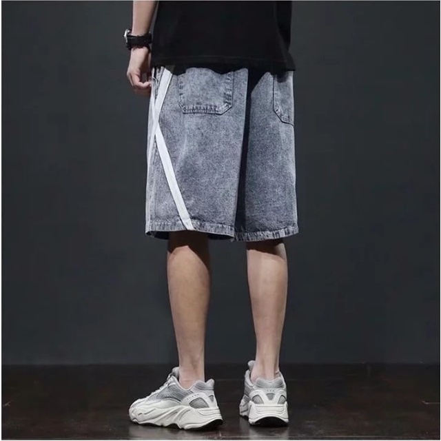 Quần short jean ống rộng nam nữ unisex màu xanh sọc chéo 2536 Pon.mens