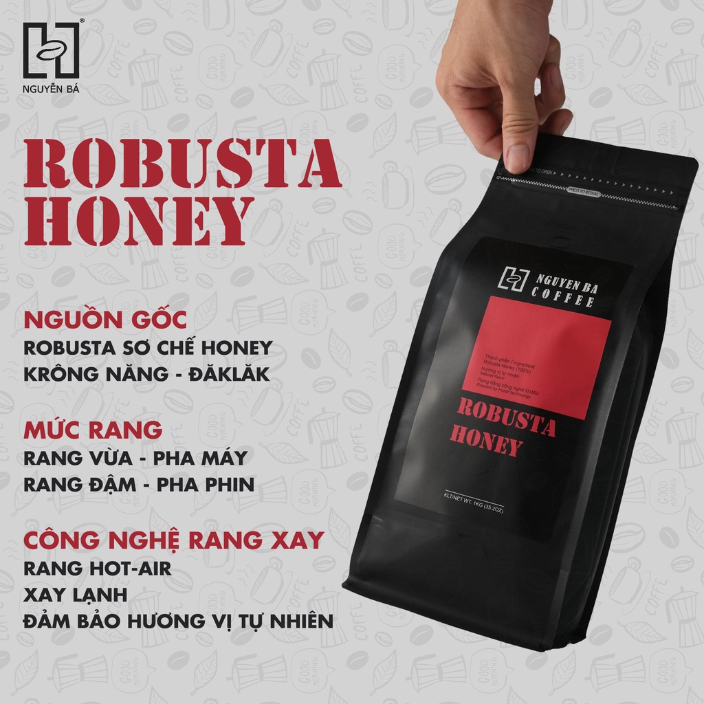 Cà phê nguyên chất ROBUSTA HONEY Nguyễn Bá Coffee - cafe rang xay nguyên chất dùng PHA PHIN, PHA MÁY, COLD BREW