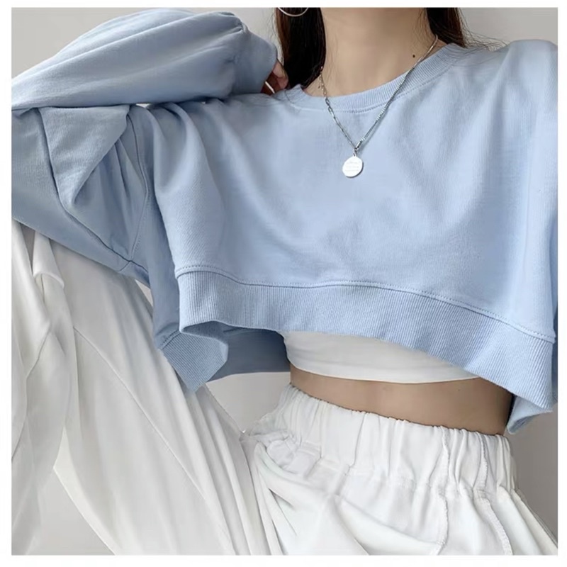 set áo croptop tay dài cổ tròn chất nỉ chân cua kèm áo ba lỗ cá tính | BigBuy360 - bigbuy360.vn