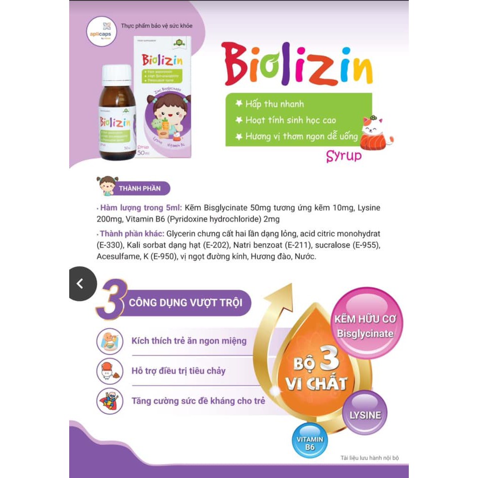 BIOLIZIN - Bổ sung Kẽm hữu cơ,Lysin,Vitamin B6, giúp bé ăn ngon, tăng đề kháng (lọ 50 ml)