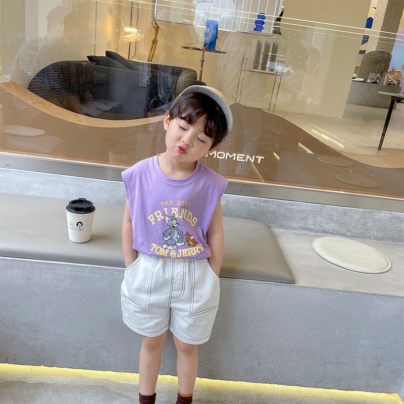 [Babycat] Hàng Có Sẵn Áo Thun Sát Nách Dáng Rộng Mỏng Phong Cách Hàn Quốc Nhật Bản Mùa Hè In Hình Mèo Chuột Phong Cách Phương Tây Cho Bé Trai Mặc Ngoài Trời