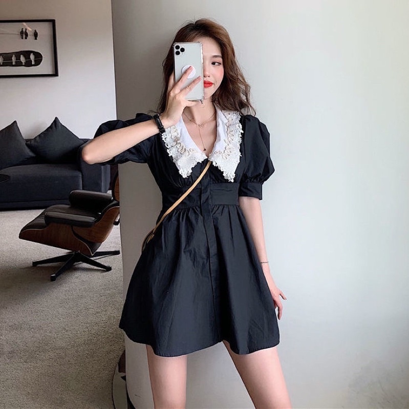 Đầm cổ trắng hoạ tiết ,chất đũi mềm hàng loại 1, thích hợp cho các nàng m60 trở xuống