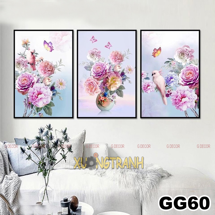 Tranh treo tường canvas 3 bức phong cách Bắc Âu 58, tranh hoa trang trí phòng khách, phòng ngủ, phòng ăn, spa, cửa hàng
