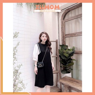Đầm bầu đẹp - váy bầu suông  màu đen phối tay trắng sọc nách hàng freesize tới 70kg BN10 - Xiimom