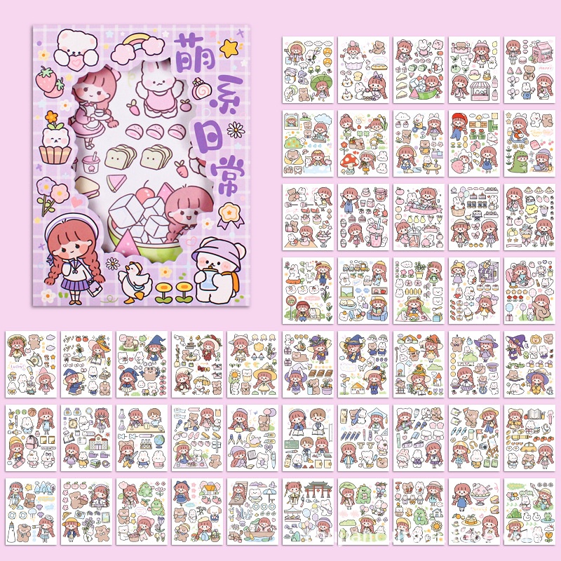 Sticker cute hình dán sổ tay 50 tấm dễ thương dán sổ trang trí cô bé có hộp ST43