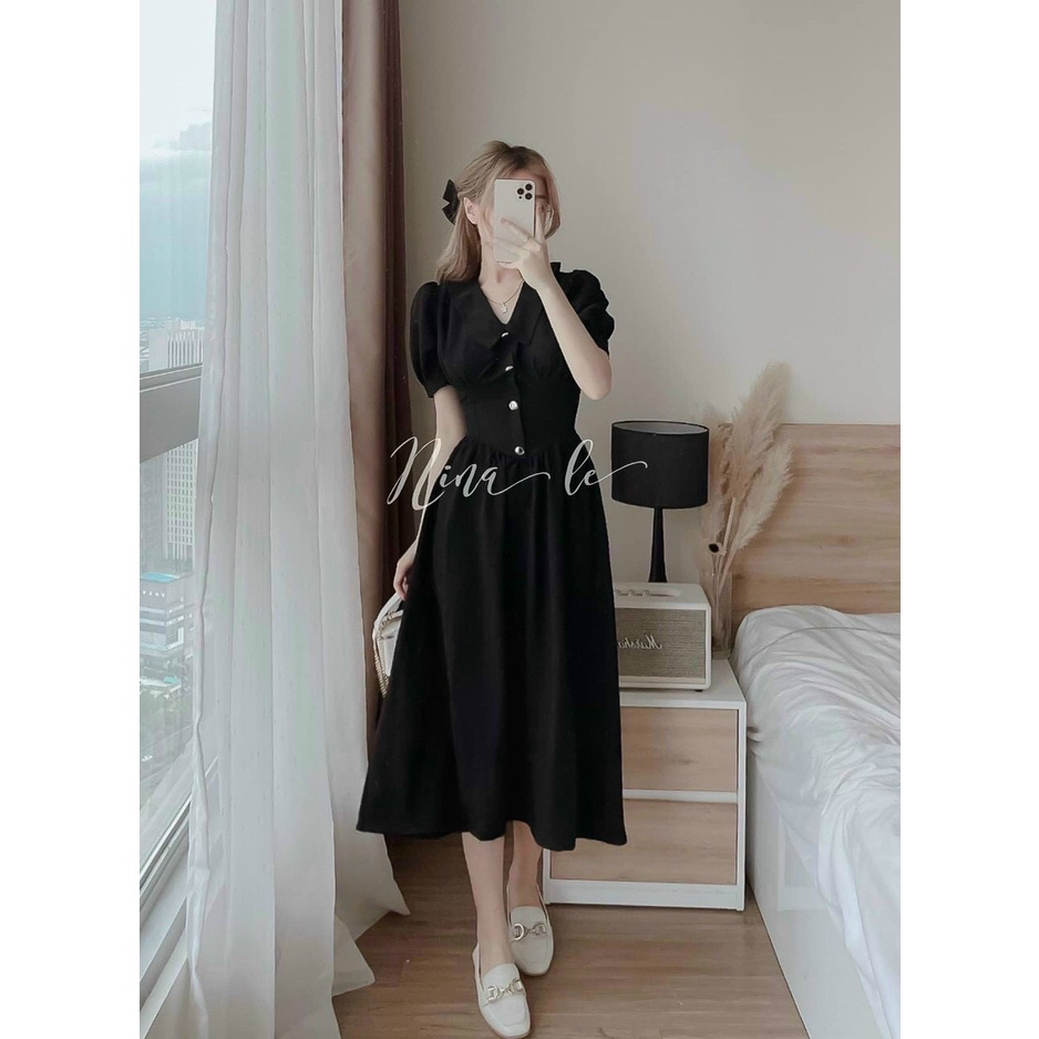 đầm suông nhẹ ngắn tay kiểu cổ sơ mi phối nút