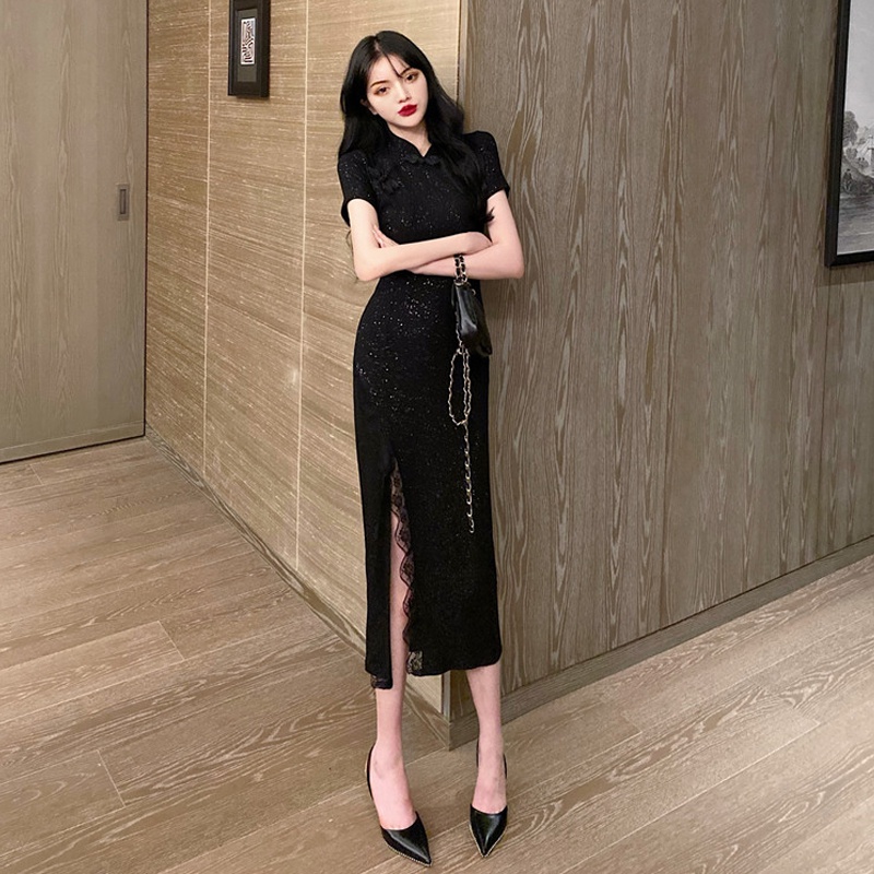 Đầm sườn xám cách tân phối ren phong cách retro quyến rũ cho nữ