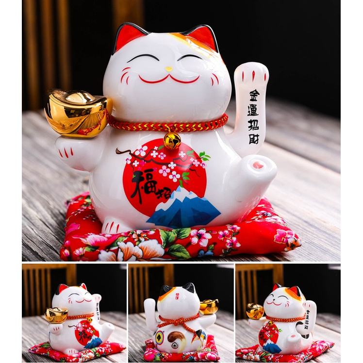 Mèo Thần Tài Vẫy Tay Phát Tài Phát Lộc Gốm Sứ Cao Cấp Kèm đệm đỏ Mèo may mắn vẫy tay chiêu tài phát lộc Maneki Neko