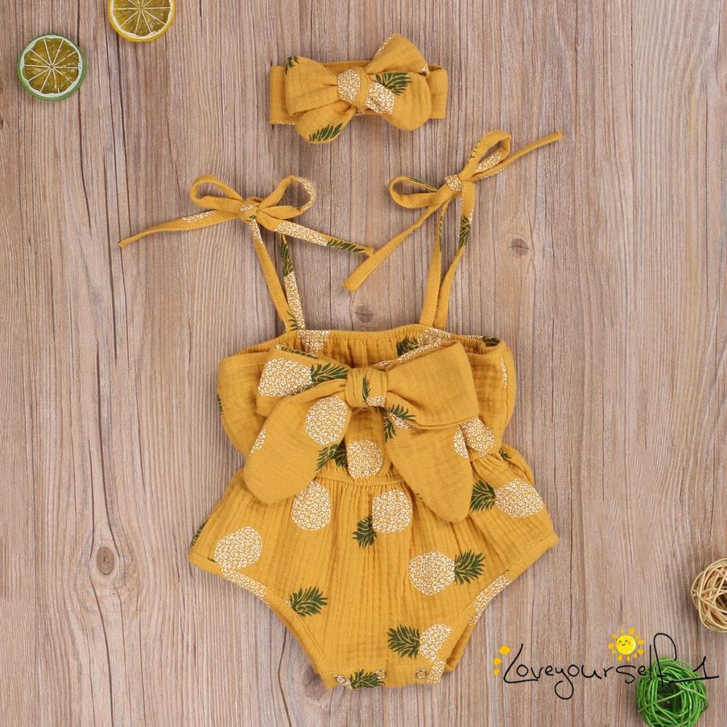 Set 2 Món Áo Liền Quần Hai Dây + Băng Đô Họa Tiết Chấm Bi / Dứa Thời Trang Mùa Hè Cho Bé Gái