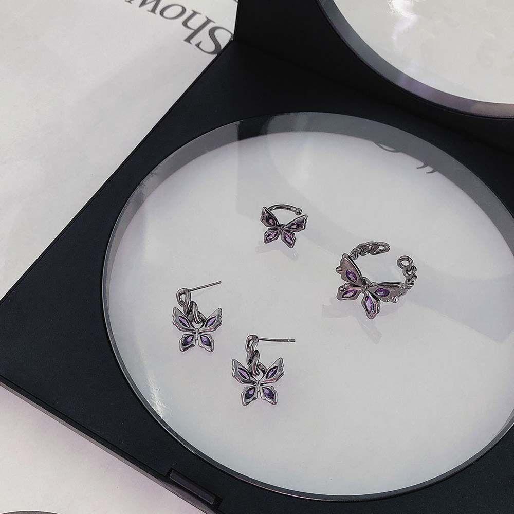 Khuyên Tai Hình Bướm Đen Phong Cách Retro Cá Tính Cho Nữ|Nhẫn Hở Thiết Kế Đơn Giản Thời Trang Cao Cấp
