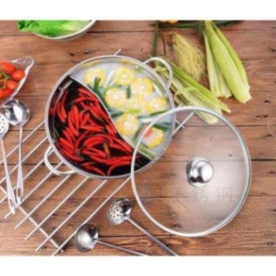 Nồi lẩu Hot Pot 2 ngăn inox-Nôi lẩu size lớn 30cm-Nồi lẩu 2 ngăn dầy dặn nấu được bếp từ cao cấp