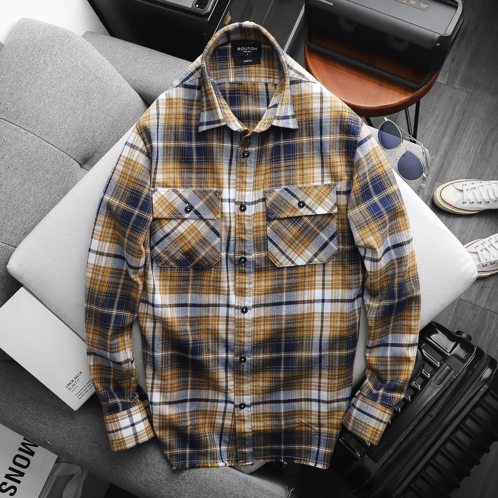Áo Sơ Mi Nam Tay Dài Phối Sọc Caro, Vải Flannel Cotton, 02 Màu, Form Relaxed Fit SMBO0058 160STORE | BigBuy360 - bigbuy360.vn