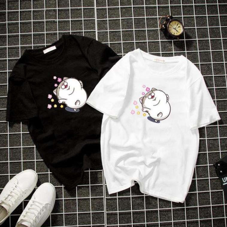 Áo thun unisex form rộng in mèo bụng bự chibi dễ thương vải dày mịn 2019T1110