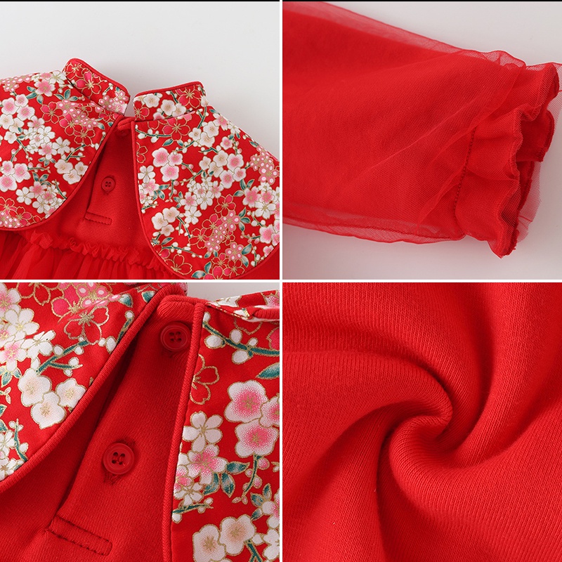 Đầm màu đỏ thích hợp làm quà tặng Giáng Sinh cho bé gái AKKU kèm phụ kiện tóc