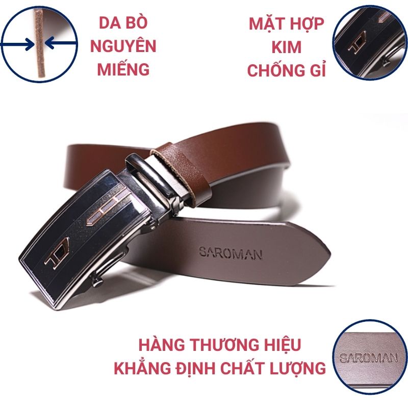 Thắt Lưng Nam SAROMAN SR-N04 Dây Da Bò Nguyên Miếng Màu Nâu Với Nhiều Mặt Khóa Hợp Kim Chống Gỉ