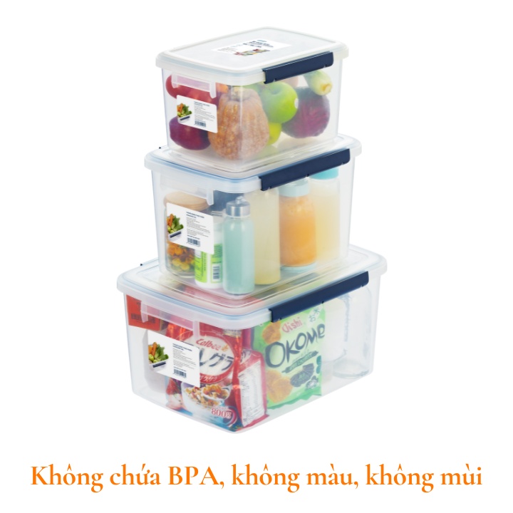 Thùng hộp đựng thực phẩm, đồ ăn, ngũ cốc, Hokkaido Nhật Bản, có nắp chốt khóa cài, không BPA, để tủ lạnh Vapu HCM
