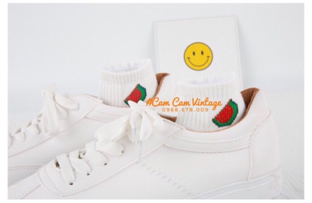 Tất vớ trắng thêu Hoa quả Style Hàn Quốc tất chuối, tất dưa hấu . Dâu tây