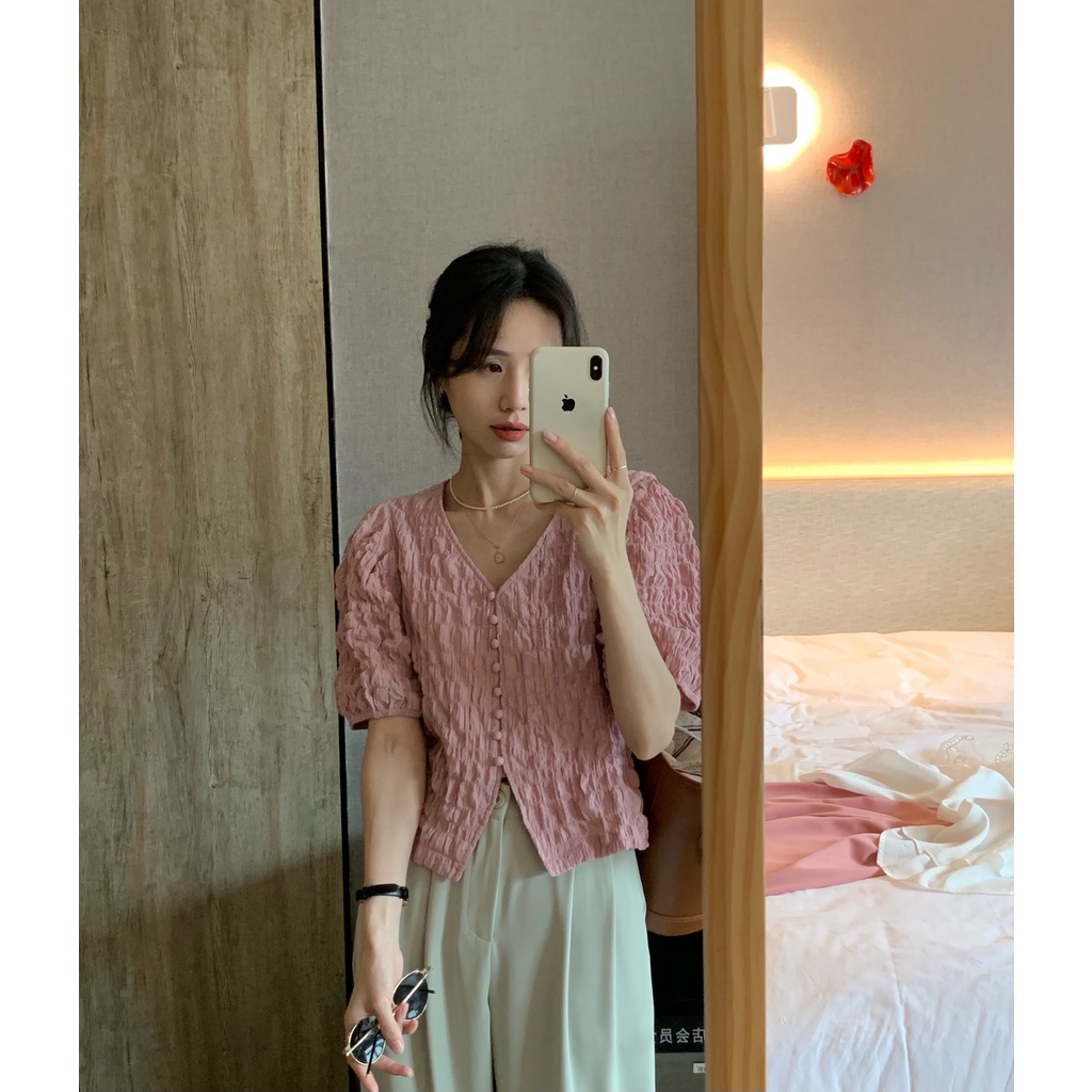 Áo kiểu SUXI tay ngắn phồng cổ chữ v màu sắc đơn giản phong cách Hàn Quốc cho nữ