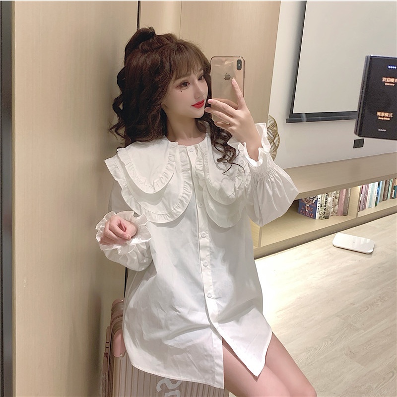 Áo Sơ Mi Trắng Kiểu nữ Công Sở CHIPY Dài Tay Bồng Bo Chun From Rộng Cổ Bèo Tầng Tiểu Thư Hàn Quốc UIzzang Vintage | BigBuy360 - bigbuy360.vn