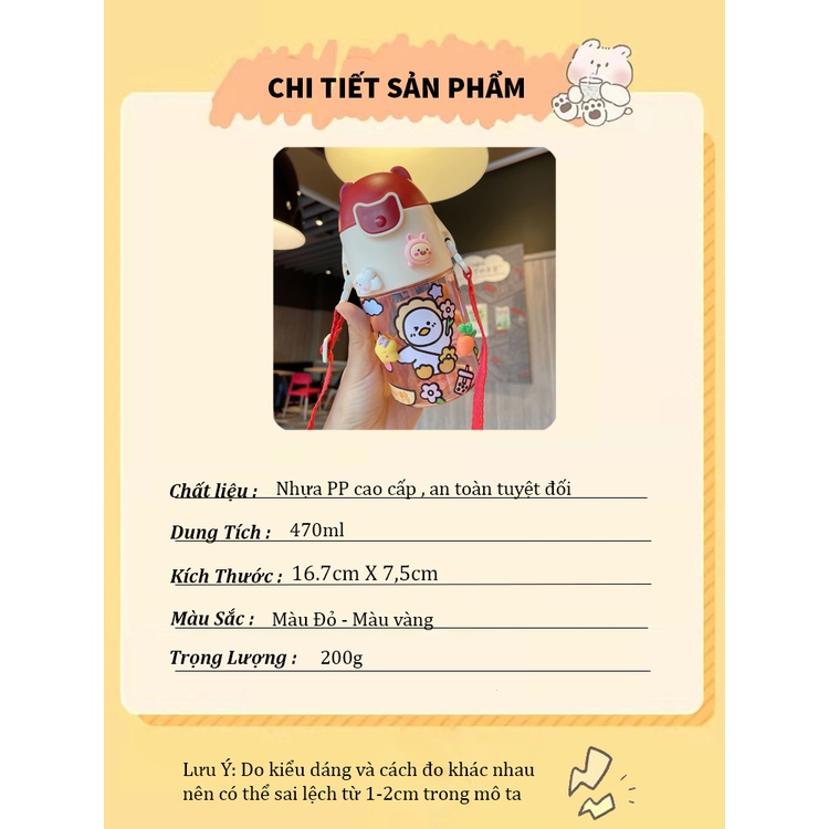 Bình Nước Đi Học Cho Bé Có Ống Hút Cute Dung Tích 470ml BN21