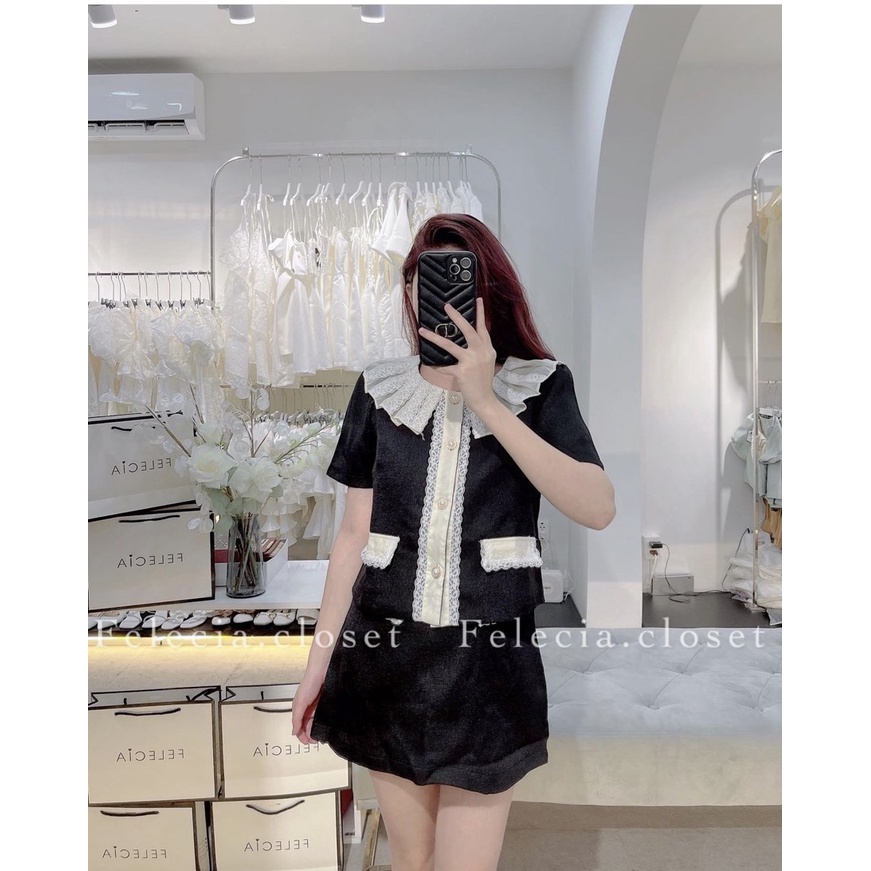 SET ÁO ĐEN CỔ REN HOA HÀNG NÚT + CHÂN VÁY LÓT QUẦN VIỀN TRẮNG
