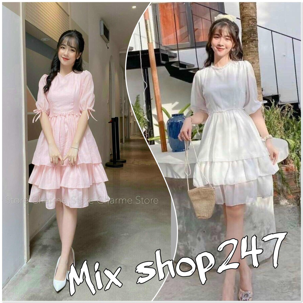 ĐẦM NỮ XẾP 3 TẦNG TAY NƠ BÁNH BÈO DỄ THƯƠNG DẠO PHỐ NHẸ NHÀNG NỮ TÍNH