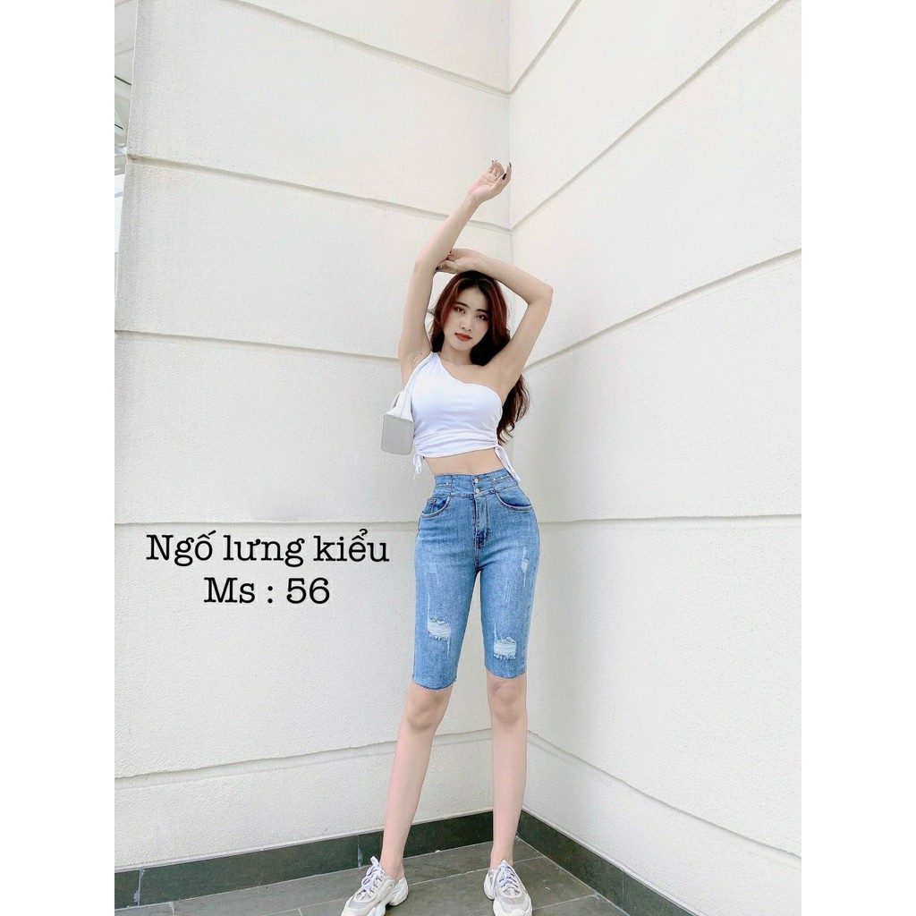 Quần Jean Lửng Gối Nữ Hàng Co Giãn Lưng Cao Mẫu Rách Lưng Phối Nắp Túi