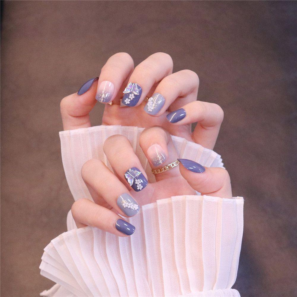 MIHAN1 Bộ 24 Móng Tay Giả Đính Nơ Thời Trang