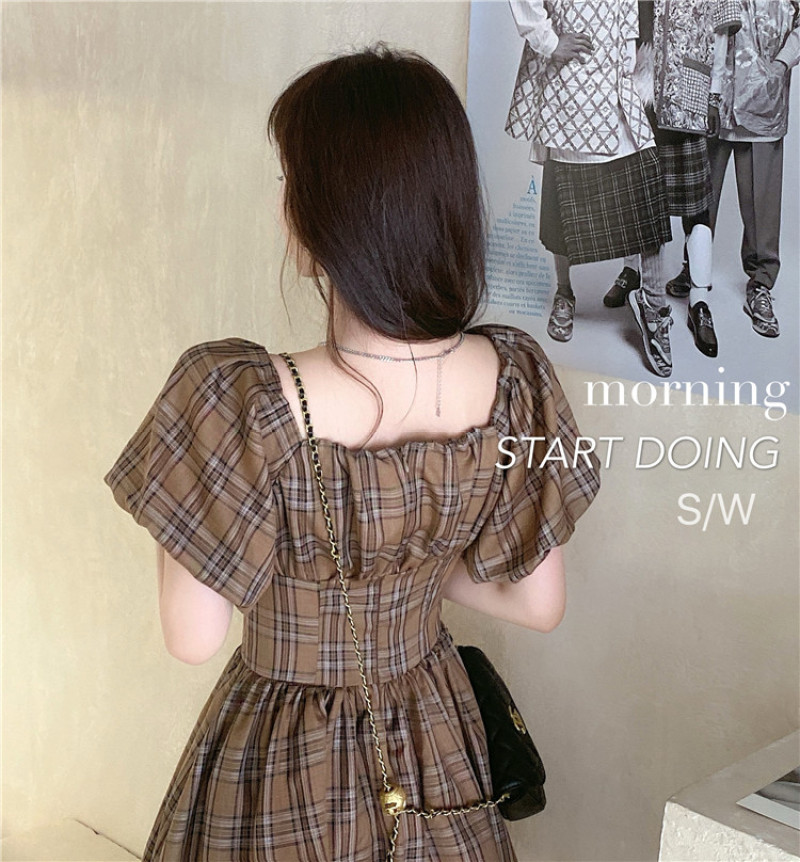 Đầm Nữ Tay Ngắn Cổ Vuông Họa Tiết Caro Thời Trang | BigBuy360 - bigbuy360.vn