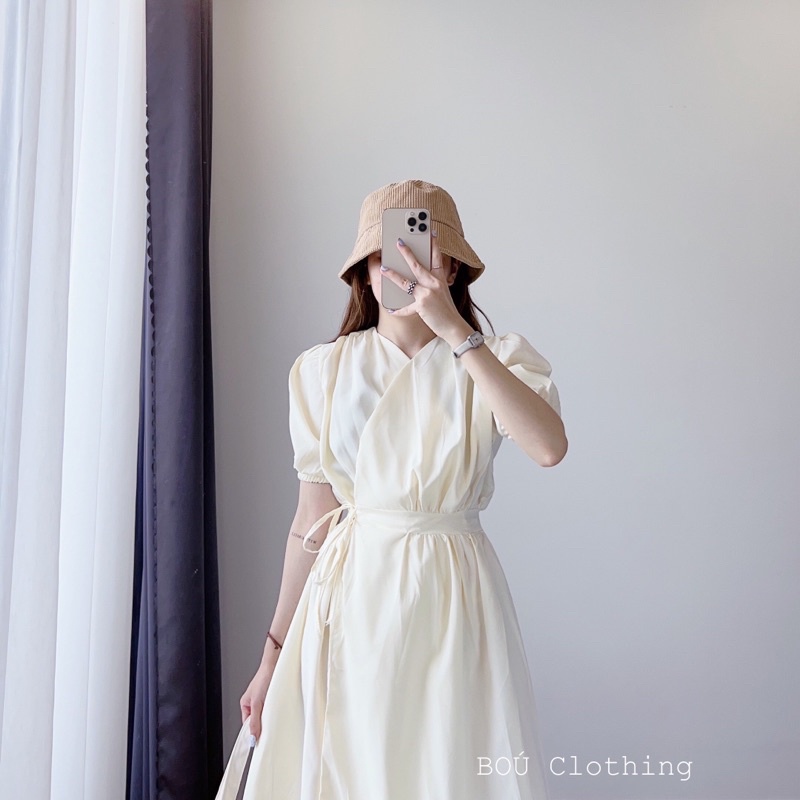 Đầm midi tay phồng dây chéo eo 1180 nhẹ nhàng, thanh lịch