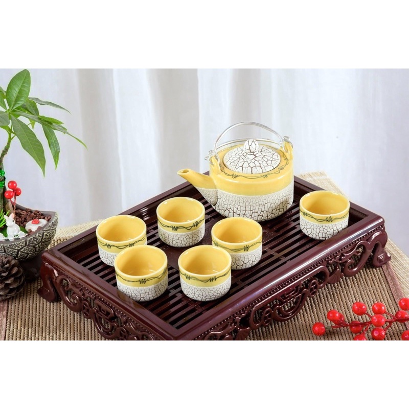 Bộ ấm chén men rạn sứ bát tràng tặng kèm khay