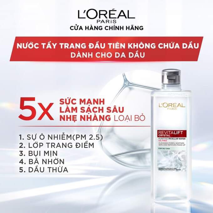 Nước tẩy trang đa năng 3 in 1 L'Oreal Paris Micellar kiềm dầu 400ml