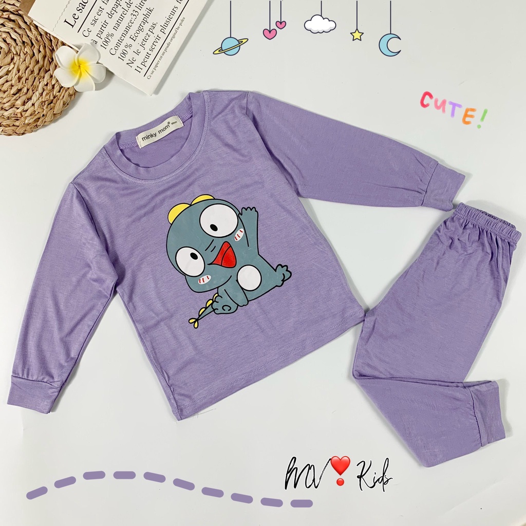 [SALE] Bộ Quần Áo Bé Gái, Bé Trai Minky Mom Vải Thun Lạnh Mèo Tím Khủng Long, Bộ Dài Tay Cho Bé Mặc Thu Đông MKMTD2166