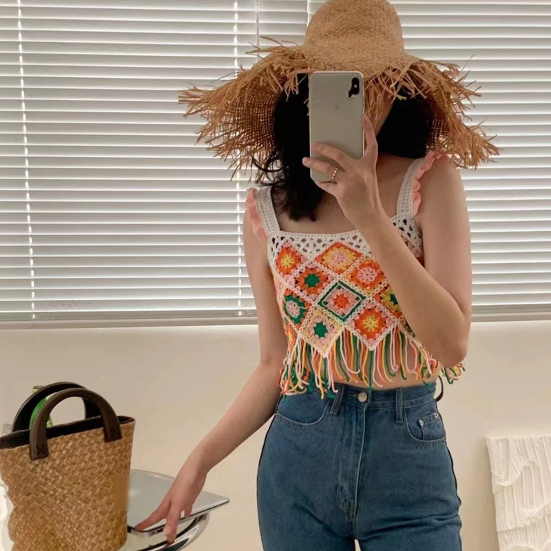 Xiangbao Áo Crop Top Dệt Kim Đan Móc Hình Học Tua Rua Màu Cầu Vồng Thích Hợp Đi Biển