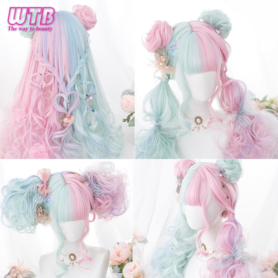 Bộ Tóc Giả Dài Xoăn Màu Xanh Lá Nhạt Bằng Sợi Tổng Hợp Phong Cách Lolita Cho Nữ