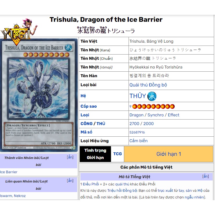 Thẻ Yugioh Trishula Dragon of the Ice Barrier Băng Vệ Long hiệu ứng Secret Rare TẶNG Top Loader bọc nhựa 1458 D3 62