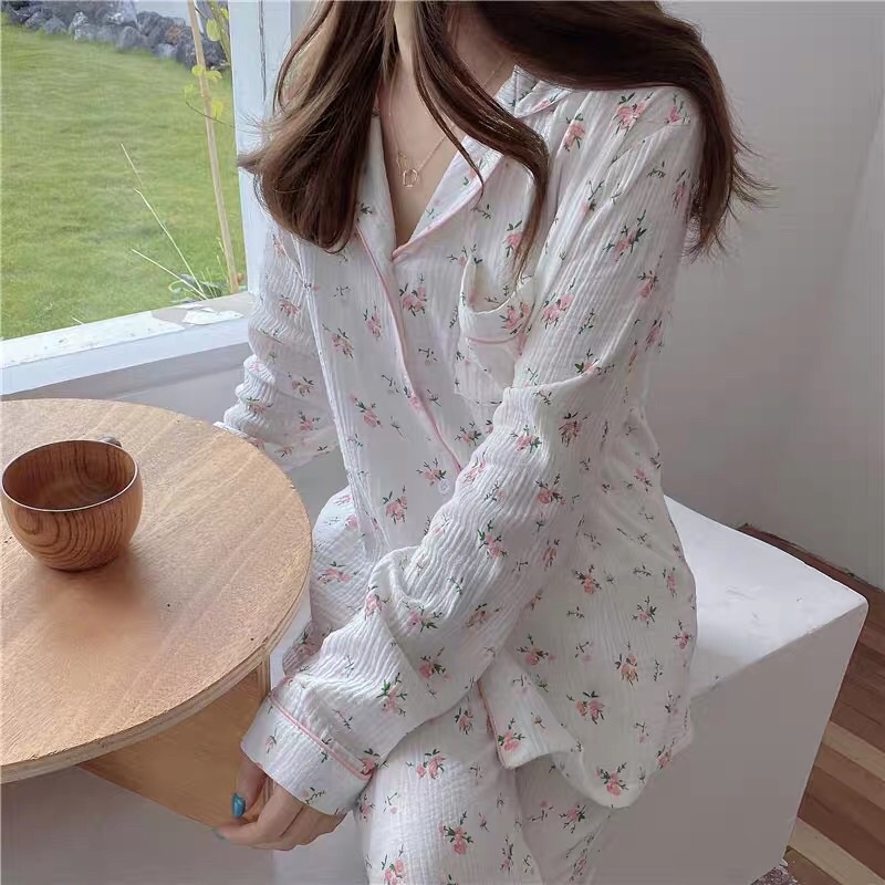 ORDER giá gốc RẺ NHẤT shopee SET BỘ PIJAMA DÀI TAY VẢI XÔ MUSLIN HOA NHÍ 2 MÀU