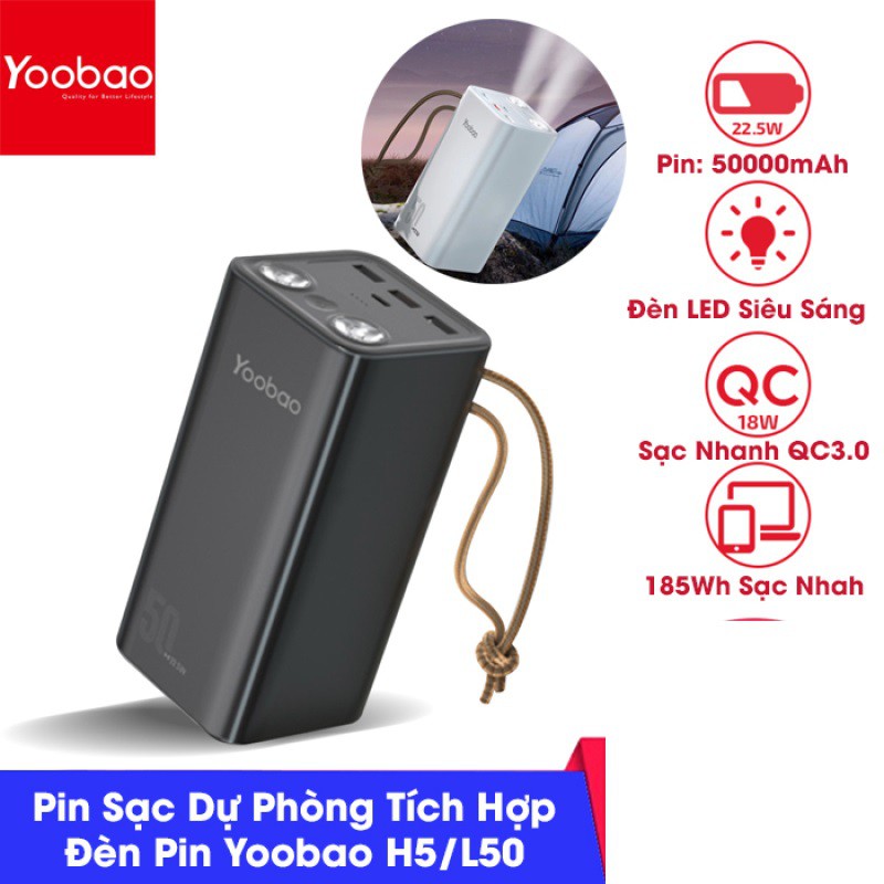 Pin sạc dự phòng Yoobao H5 / L50 dung lượng 50000 mAh, tích hợp đèn pin siêu sáng, hỗ trợ sạc nhanh PD