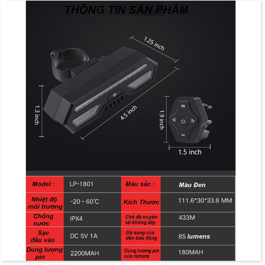 Đèn sau xi nhan xe đạp LP-1801 có điều khiển không dây, dung lượng pin 2200mAh, chống nước khi đi mưa