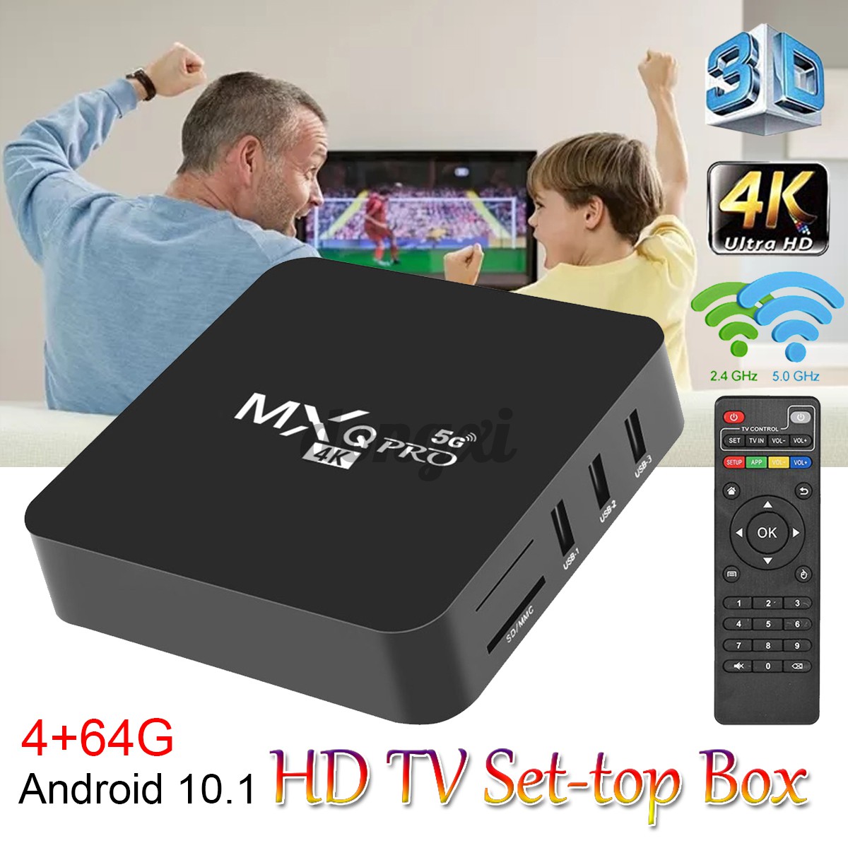 Đầu thu tín hiệu TV Mxq Pro 4k Android 10.1 5g 2-băng tần 3d Wifi 4 + 64gb lõi Dongxi