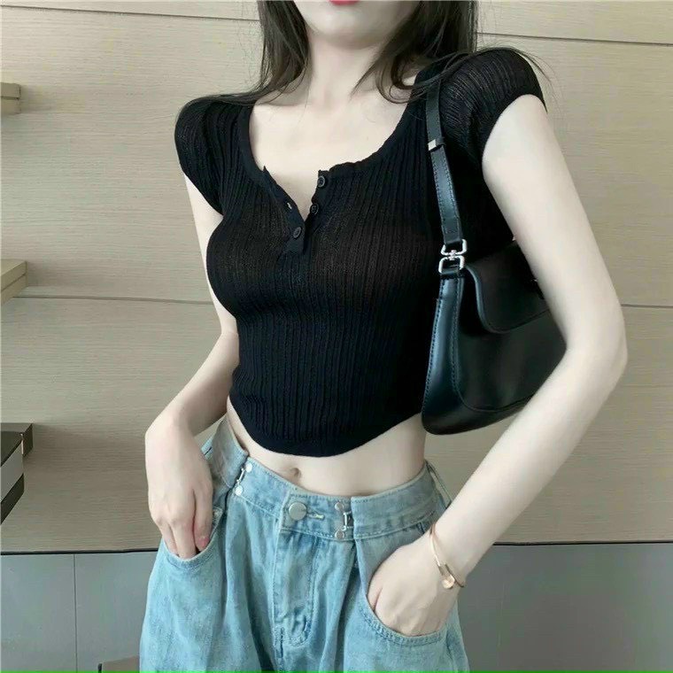 Áo kiểu tay ngắn cổ vuông cài nút vạt bầu xinh ôm dáng croptop sexy NU27